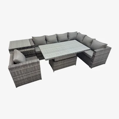 The Range Fimous 7-Seater Rattan Corner Sofa Set with Height-Adjustable Rising Table, Dark Grey Mixed. - Dark Grey Mixed