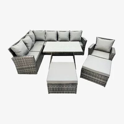 The Range Fimous 9-Seat High-Back Rattan Corner Sofa & Dining Set Dark Grey Mixed - Dark Grey Mixed rattan with dark grey fabric