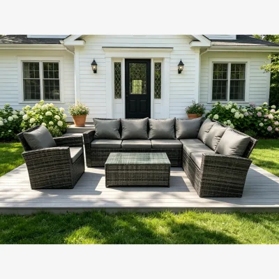 The Range High Back Rattan Corner Sofa Set with Oblong Coffee Table and Extra Chair