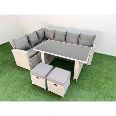 The Range Fimous 8-Seater Rattan Corner Sofa Set with Glass Table Light Grey - Light Grey Mixed rattan with dark grey fabric