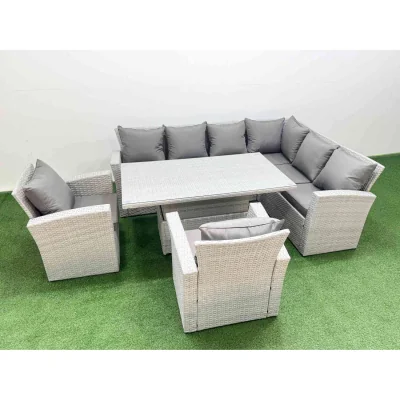 The Range Fimous 8-Seat Rattan Corner Sofa Set with Adjustable Lift Table and 2 Armchairs Light Grey - Light Grey