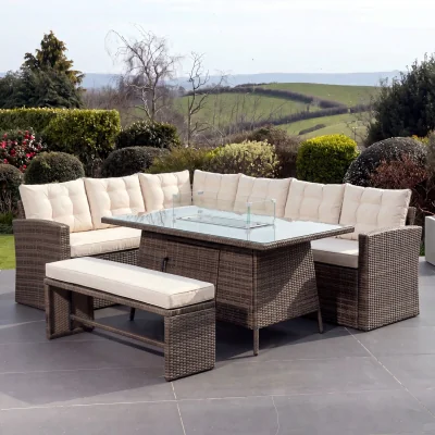 The Range Piana 9 Seat Rattan Corner Sofa with Firepit Table and Bench - Brown & Cream