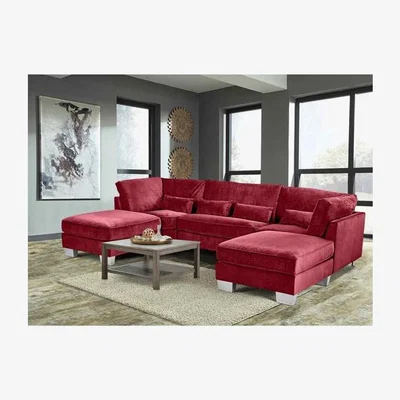 The Range Almora Full Back Corner U Shape Sofa Velour Fabric with 2 Footstools - Red