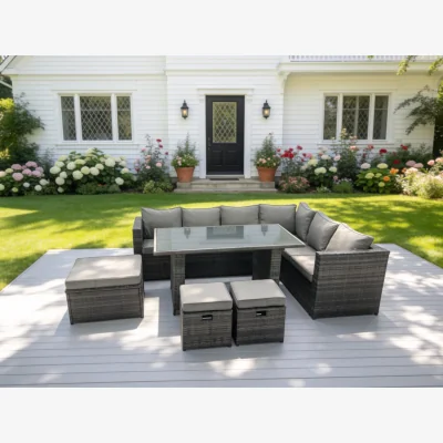 The Range 7 Seater PE Rattan Corner Sofa Set Rectangular Dining Table Set - Dark Grey Mixed