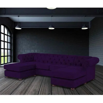 The Range Lenoso Chesterfield U Shape Sofa with 2 Footstools in Plush Velvet Fabric - Purple