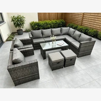 The Range Fimous 10-Seater Rattan Corner Sofa Set with Coffee Table & Stools - Dark Grey