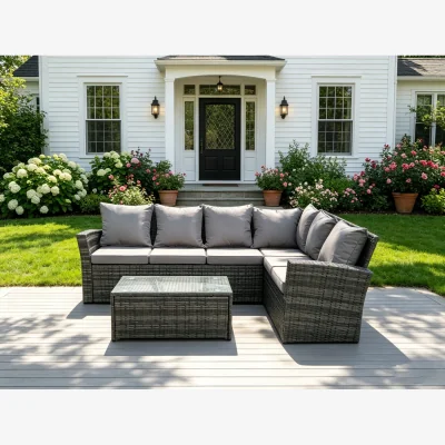 The Range High Back Rattan Corner Sofa Set with Oblong Coffee Table Right Option
