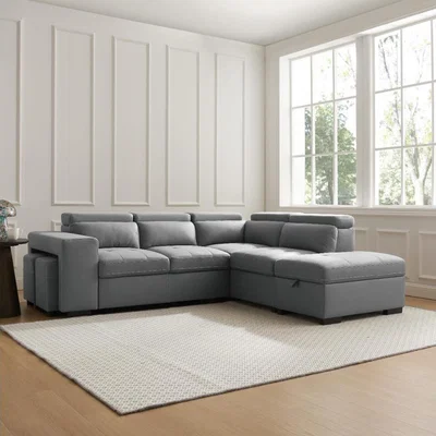 The Range Laurel Corner Sofa with Pull Out Sofa Bed Storage and Footstools - Dark Grey Air Leather / Right-hand