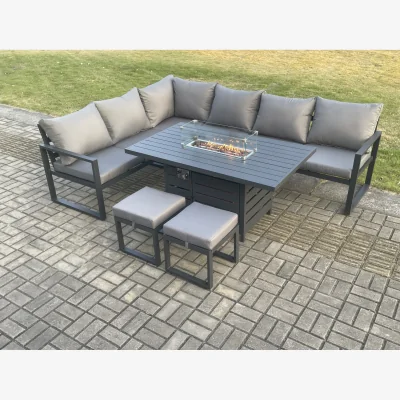 The Range Fimous Aluminium Patio Corner Sofa Set with Gas Fire Pit Dining Table and 2 Stools Dark Grey - Dark Grey