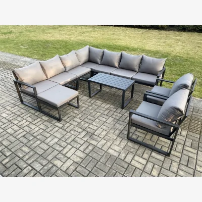 The Range Fimous Aluminium Patio Corner Sofa Set with Oblong Coffee Table & Footstool, Dark Grey - Dark Grey
