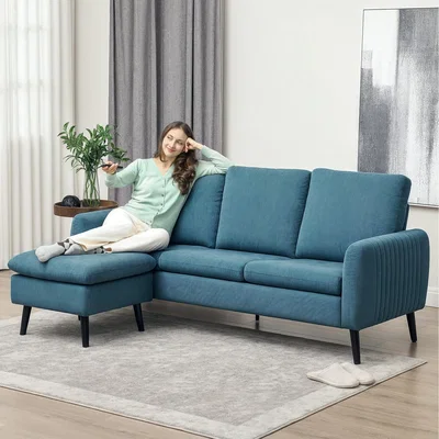 The Range HOMCOM 3 Seater Corner Sofa with Chaise Lounge Corduroy Fabric - Blue