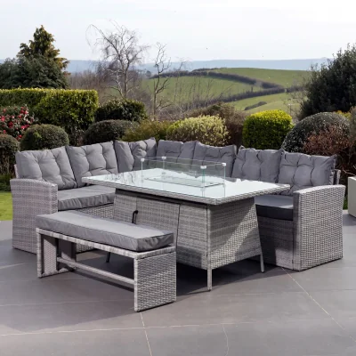 The Range Piana 9 Seat Rattan Corner Sofa with Firepit Table and Bench - Grey