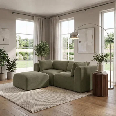 The Range Drift Boucle Fabric 2 Seater Modular Chaise Sofa - Green