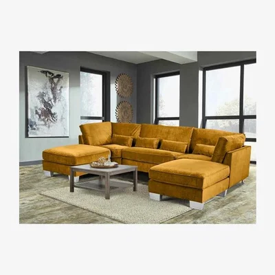 The Range Almora Full Back Corner U Shape Sofa Velour Fabric with 2 Footstools - Gold