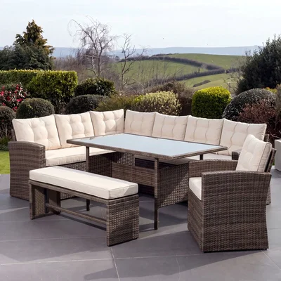 The Range Piana 10 Seat Rattan Corner Sofa with Table, Bench and Chair - Brown & Cream