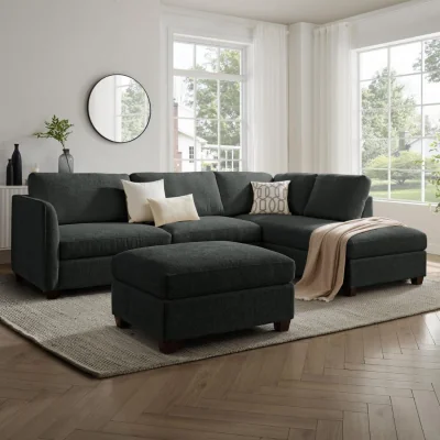 The Range Ben Corner sofa With Footstool - Dark Grey Chenille / Right-hand