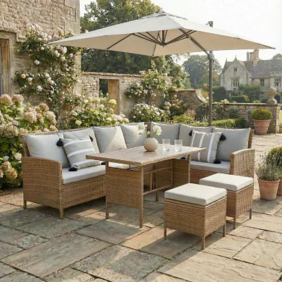 The Range Bideford 8-Seat Rattan Corner Dining Sofa Set  - Brown Rattan / Grey / Polywood Top