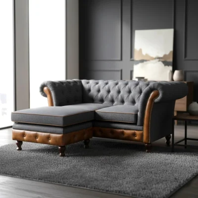 The Range Chesterfield Genuine Real Brown Tan Leather Grey Blue Fabric Corner Chaise Sofa Solid Hard Wood - Grey