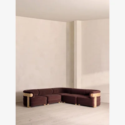 Soho Home Caleb Modular Sofa, Corner Sofa, Velvet, Aubergine, Blonde Burl, UK