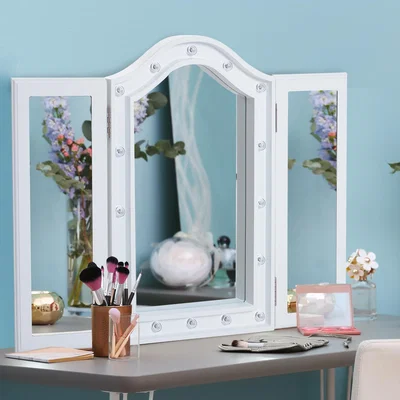 The Range Lighted Tri Fold Vanity Mirror with LED Lights - White