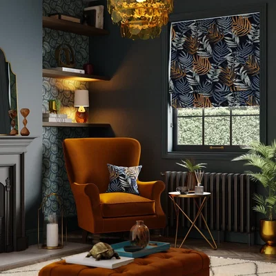 Dunelm Leaf Jacquard Navy Roman Blind Navy Blue/Brown