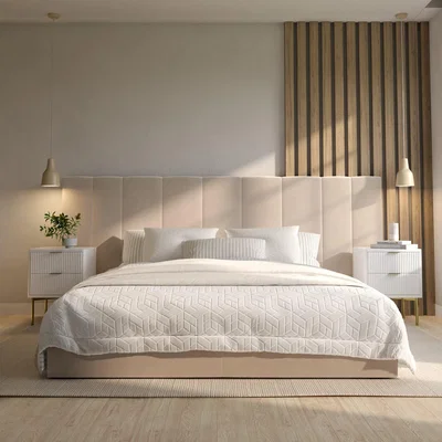 Furniture123 Beige Velvet King Size Ottoman Bed with Wide Headboard - Iman