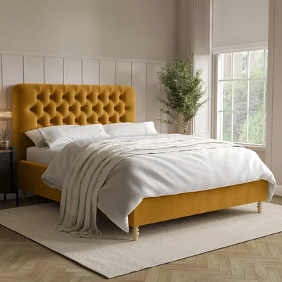 Furniture123 Mustard Yellow Velvet King Size Ottoman Bed with Legs - Pippa