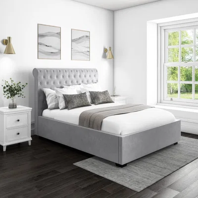 Furniture123 Safina Light Grey Velvet King Size Ottoman Bed with Roll-Top Headboard