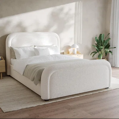 Furniture123 Off-White Boucle King Size Ottoman Bed with Curved Headboard - Naomi