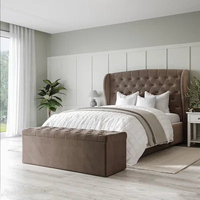 Furniture123 Mink Brown Velvet King Size Ottoman Bed with Blanket Box - Safina