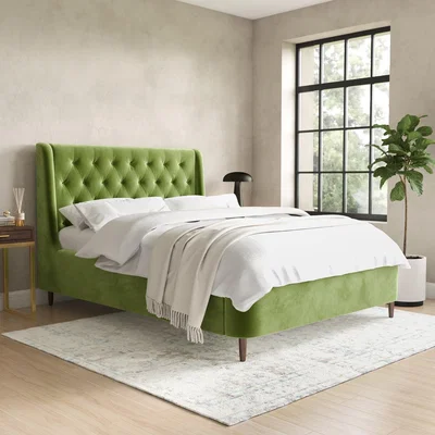 Furniture123 Olive Green Velvet King Size Ottoman Bed with Legs - Amara