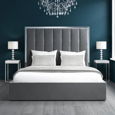 Furniture123 Grey Velvet King Size Ottoman Bed with Silver-Trim Headboard - Aaliyah