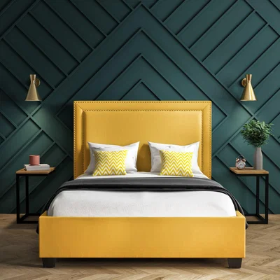 Furniture123 Safina Yellow Velvet King Size Ottoman Bed with Studded Headboard