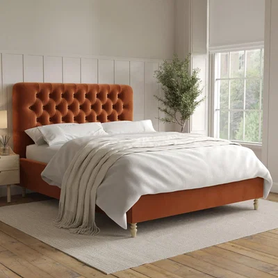 Furniture123 Rust Orange Velvet King Size Ottoman Bed with Legs - Pippa