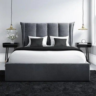 Furniture123 Grey Velvet King Size Ottoman Bed with Cushioned Headboard - Maddox
