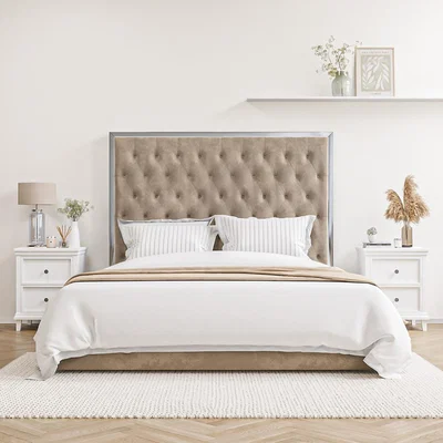 Furniture123 Beige Velvet King Size Ottoman Bed with Silver-Trim Headboard - Aaliyah