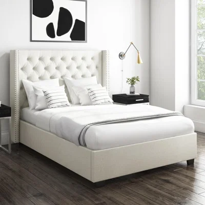 Furniture123 Off-White Fabric King Size Ottoman Bed with Winged Headboard - Maeva