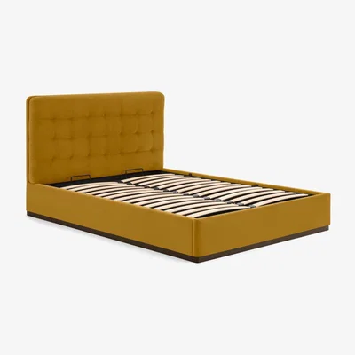 Made.com Lavelle King Size Ottoman Storage Bed, Marigold Velvet & Walnut Stain Plinth