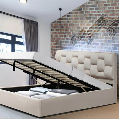 The Range Plush Velvet Weaved Headboard Storage Ottoman Bedframe In Cream - King