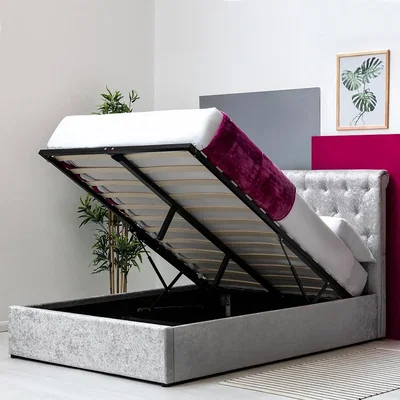The Range Thorpe Silver Crushed Velvet Ottoman Storage Bed Frame - Silver / King
