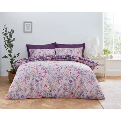 Dunelm Fleur Floral Purple 100% Cotton Reversible Duvet Cover and Pillowcase Set Purple