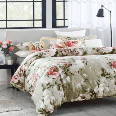 Dunelm Avery Green Odette Floral Natural 100% Cotton Sateen Duvet Cover and Pillowcase Set Natural (Brown)