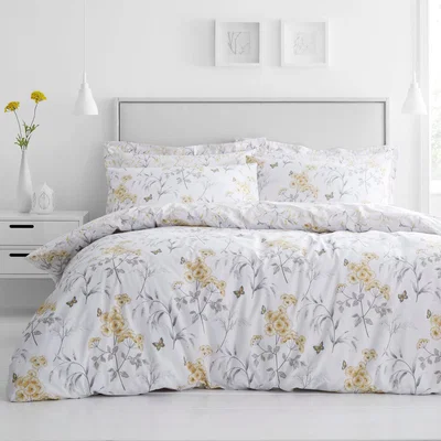 Dunelm Maria Ochre Reversible Floral Duvet Cover and Pillowcase Set White