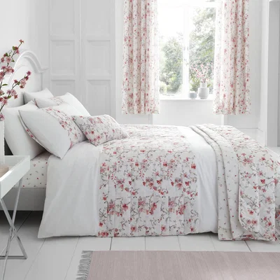 Dunelm Catherine Lansfield Jasmine Floral Reverisble Duvet Cover and Pillowcase Set White and Pink