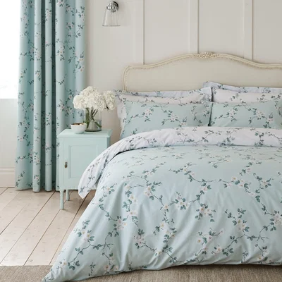 Dunelm Edith Duck Egg Floral Reversible Duvet Cover and Pillowcase Set Duck Egg