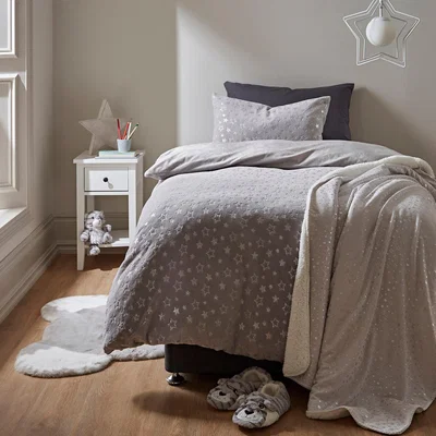 Dunelm Grey Foil Stars Fleece Duvet Cover and Pillowcase Set Grey