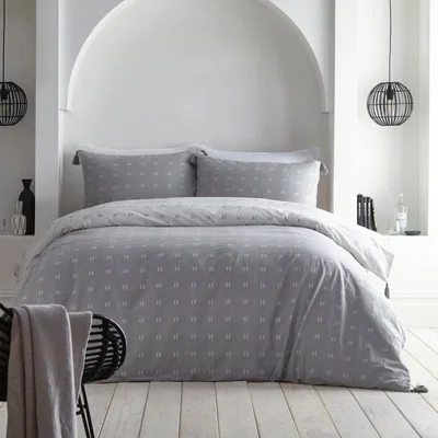 Dunelm Appletree Silver Tick 100% Cotton Reversible Duvet Cover and Pillowcase Set Silver