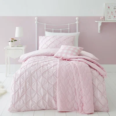 Dunelm Pintuck Pink Polka Dot 100% Cotton Duvet Cover and Pillowcase Set Pink