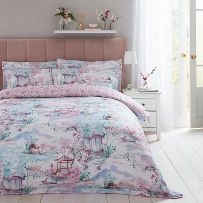 Dunelm Dorma Tranquil Garden 100% Cotton Duvet Cover and Pillowcase Set Light Pink
