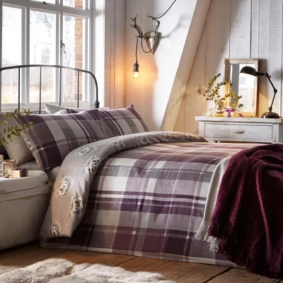 Dunelm Colville Check Plum 100% Brushed Cotton Reversible Duvet Cover and Pillowcase Set Purple